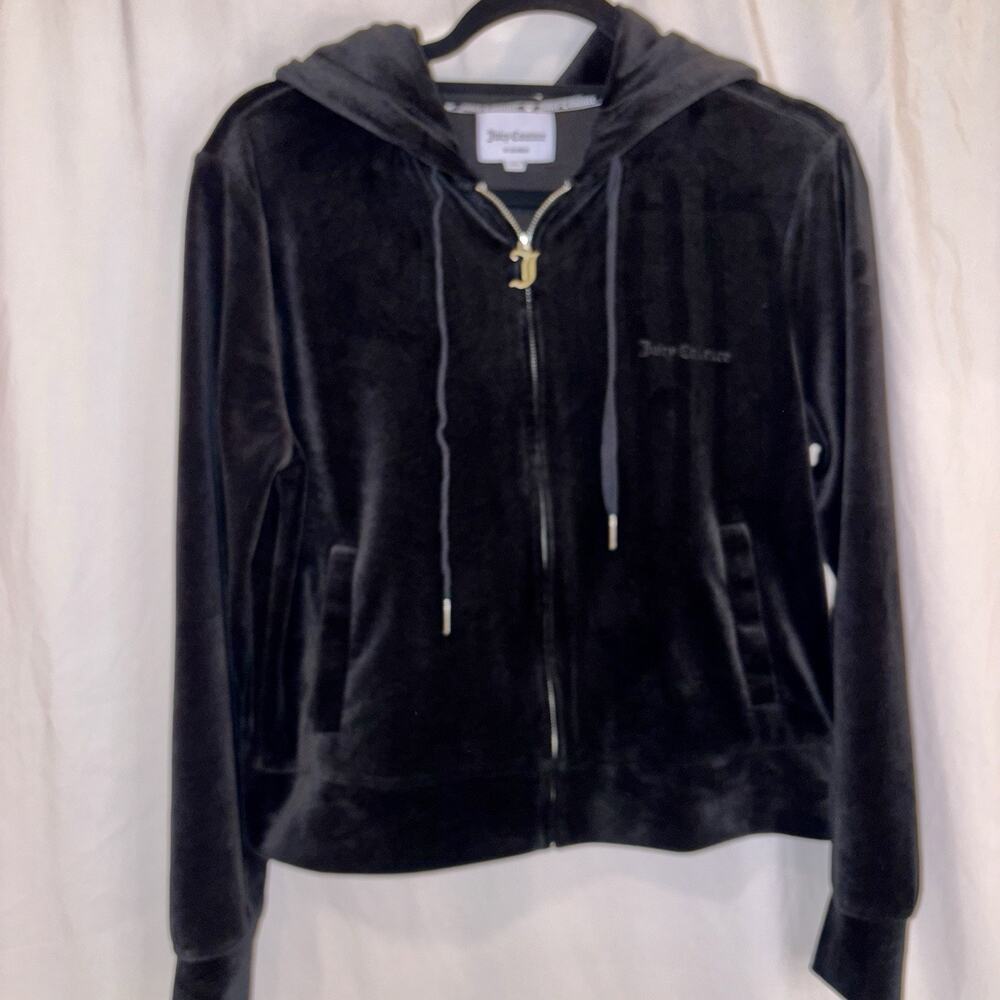 Juicy Couture Jacket Womens MD Black Hooded Full Zip Track Velvet Velour EUC